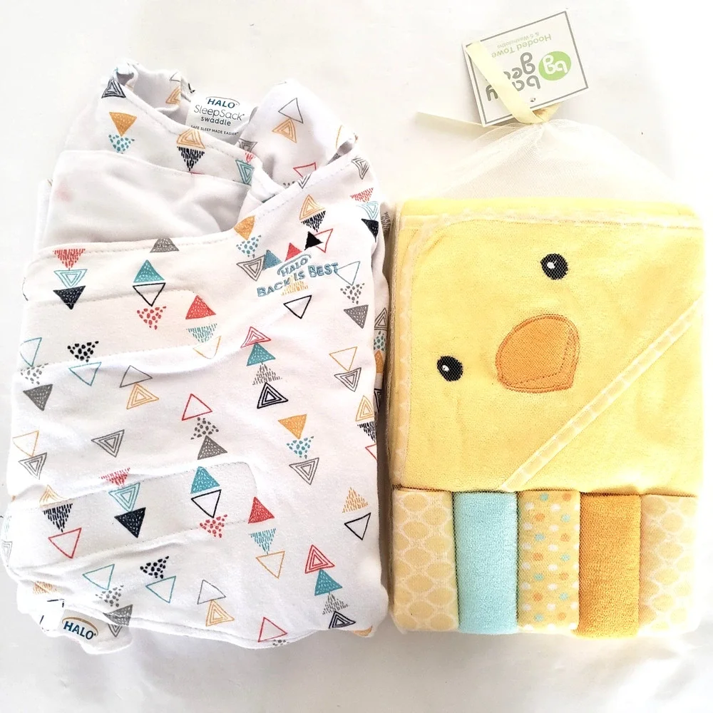 HALO SleepSack Swaddle White Cotton 3-6 Months & 6 Pc Duck Yellow Towel Set